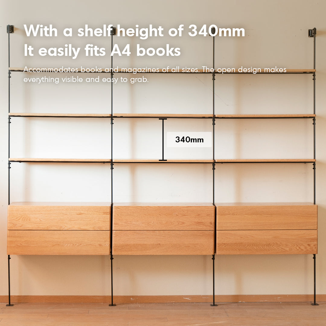 Industrial oak wood wall mounted shelf bookshelf shelfix in panoramic view.