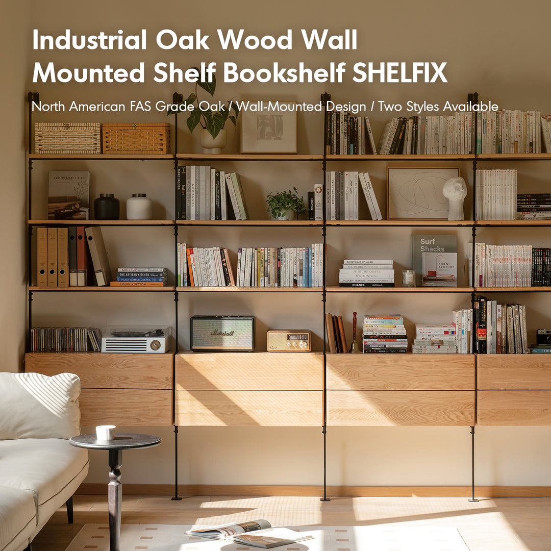 Industrial oak wood wall mounted shelf bookshelf shelfix material variants.