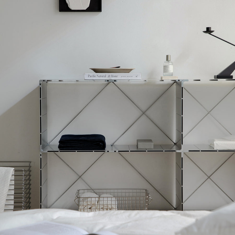 Industrial aluminium shelf cube in white background.