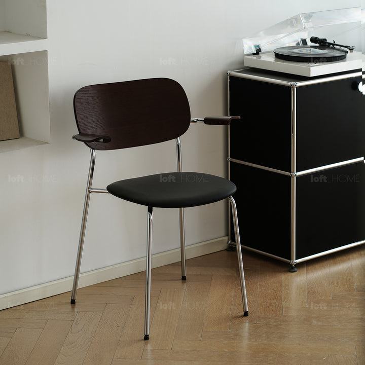 Industrial pu leather dining chair with armrest nika material variants.