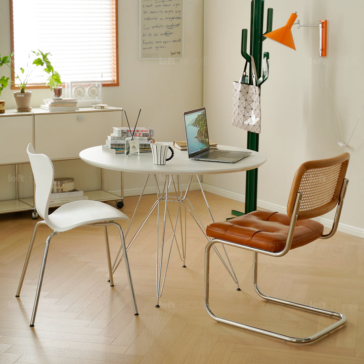 Industrial plywood steel dining table eames in panoramic view.