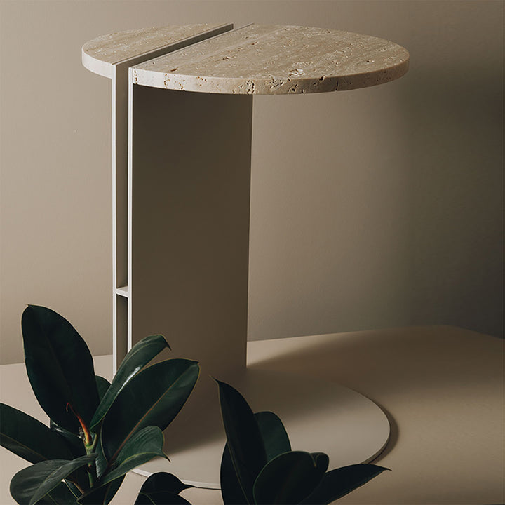 Industrial travertine stone metal side table liska color swatches.