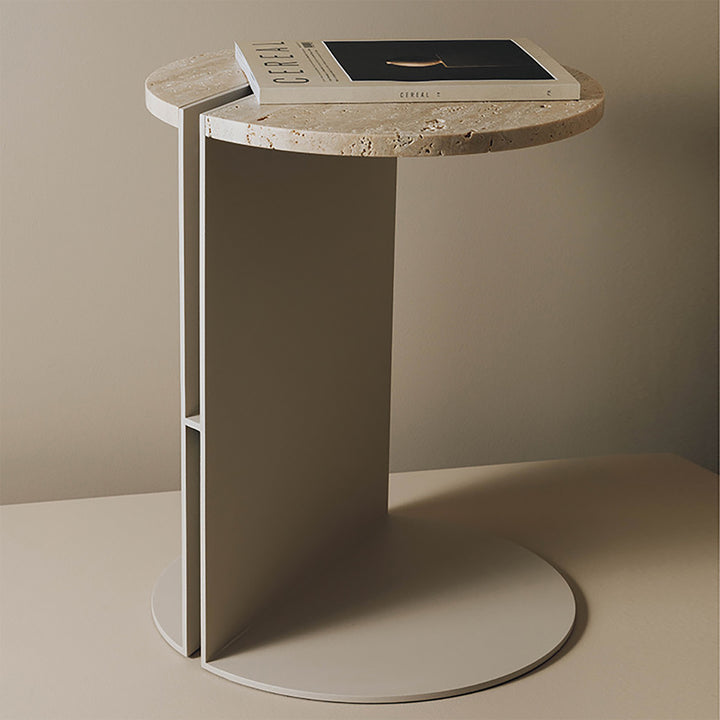 Industrial travertine stone metal side table liska material variants.