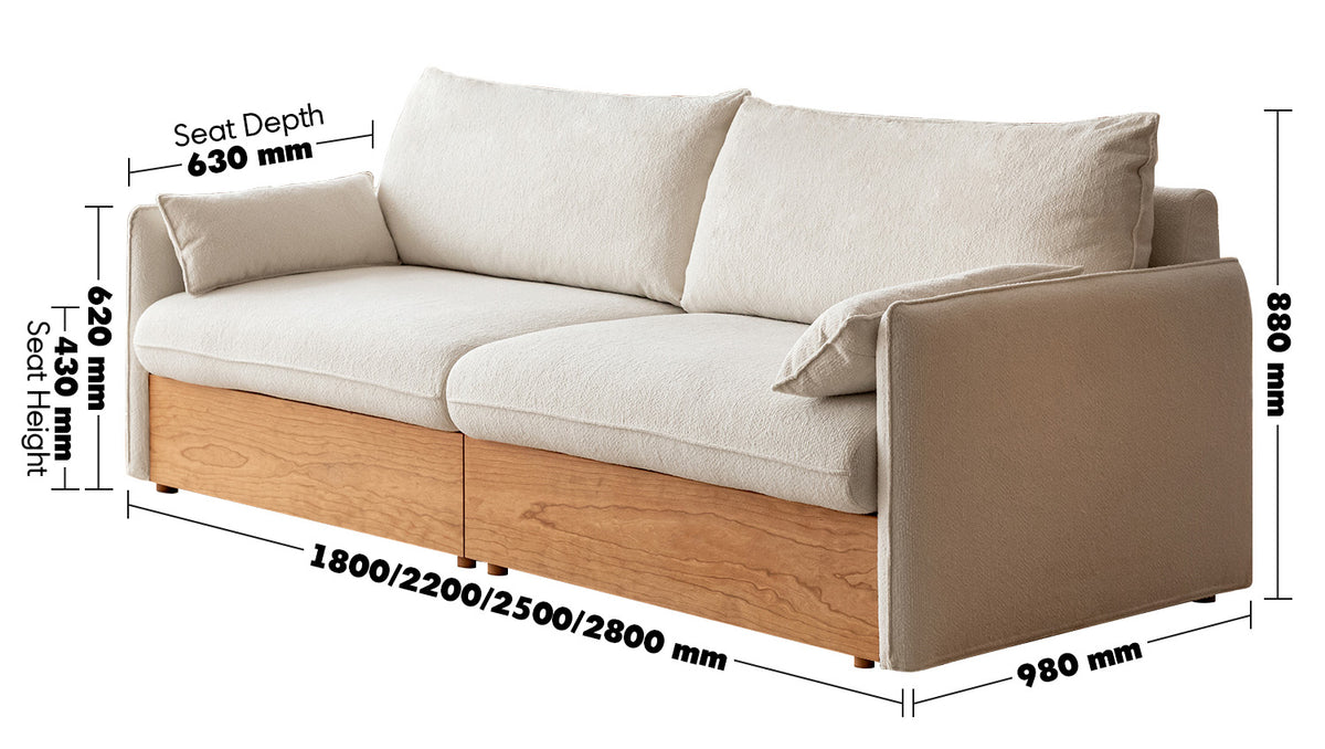 Scandinavian Boucle Fabric Pine Wood Storage 3 Seater Sofa KANGAROO Size Chart