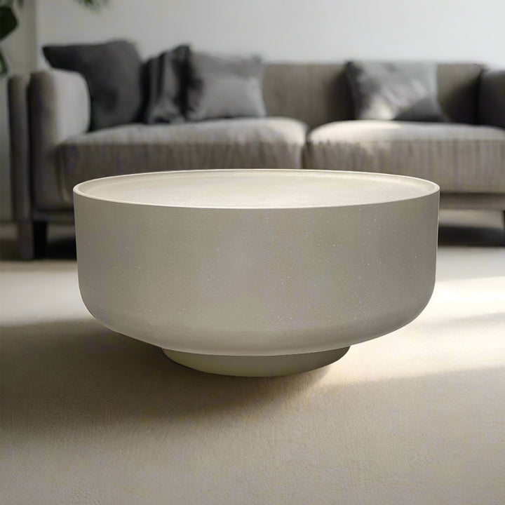 Japandi microcement round coffee table ova in details.