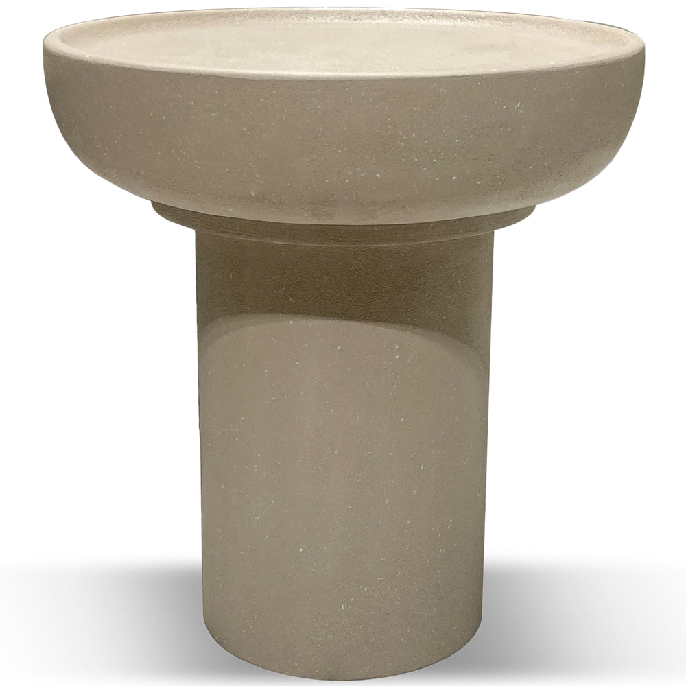 Japandi microcement side table pura in white background.