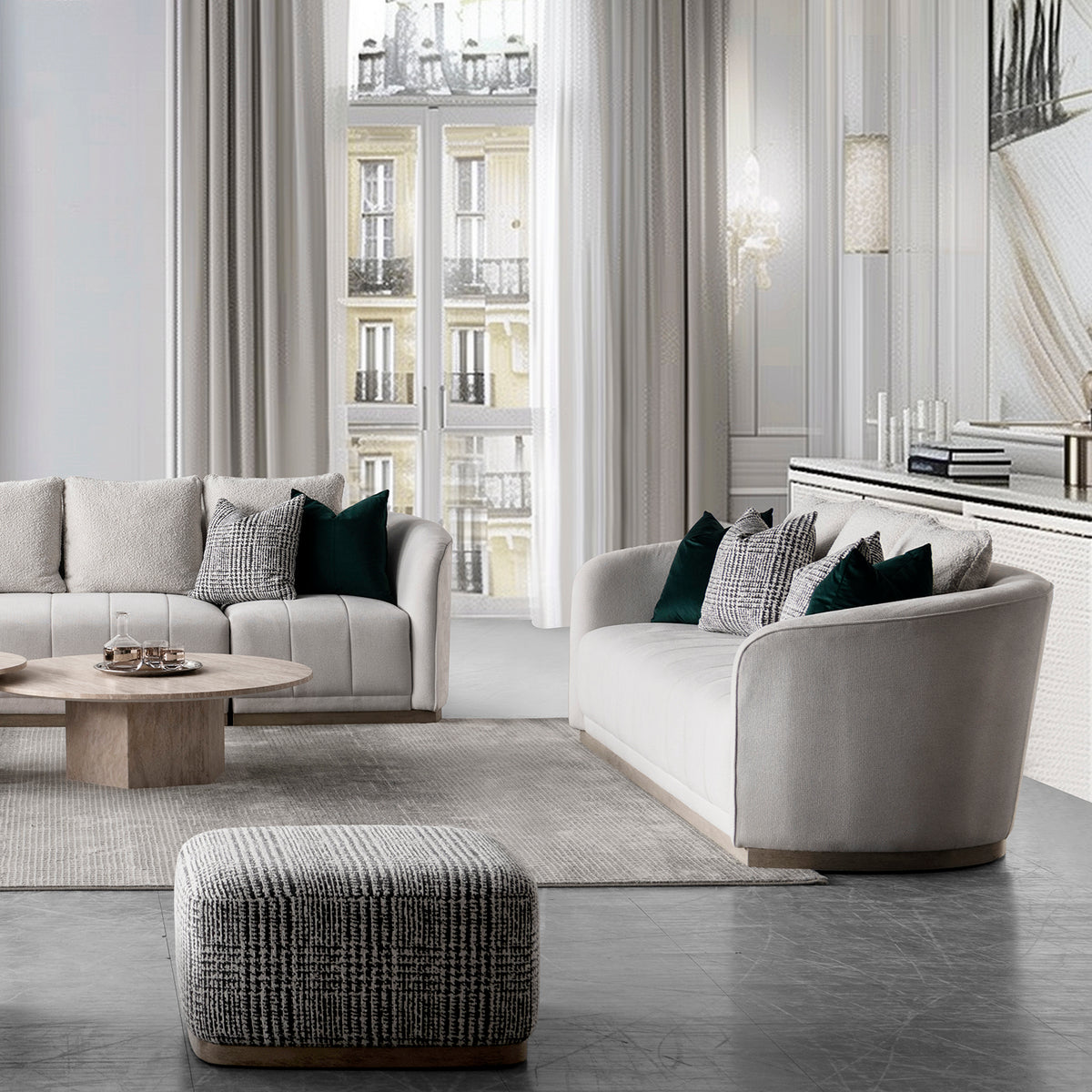 Japandi cotton fabric 3 seater sofa panna primary product view.