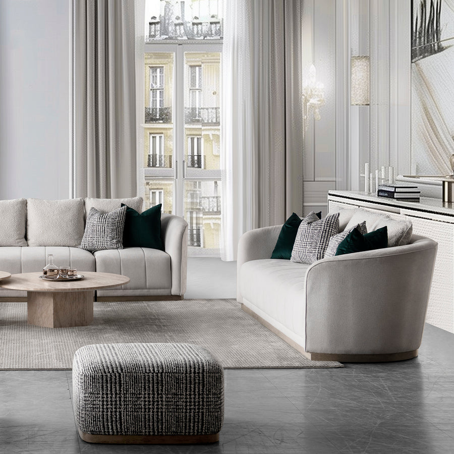 Japandi cotton fabric 3 seater sofa panna primary product view.