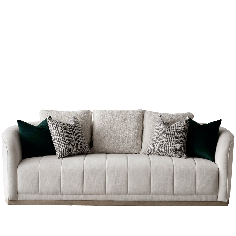 Japandi cotton fabric 3 seater sofa panna in white background.