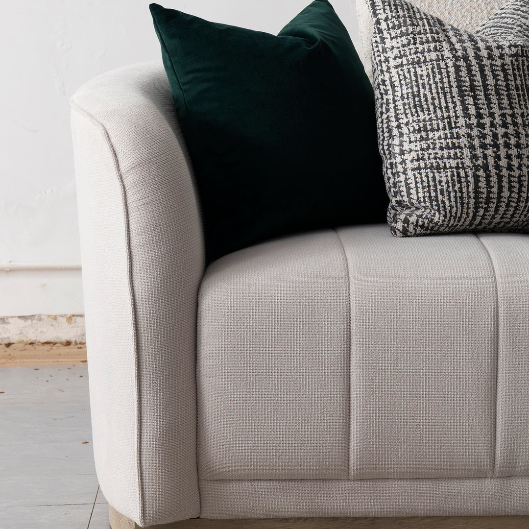 Japandi cotton fabric 3 seater sofa panna in real life style.