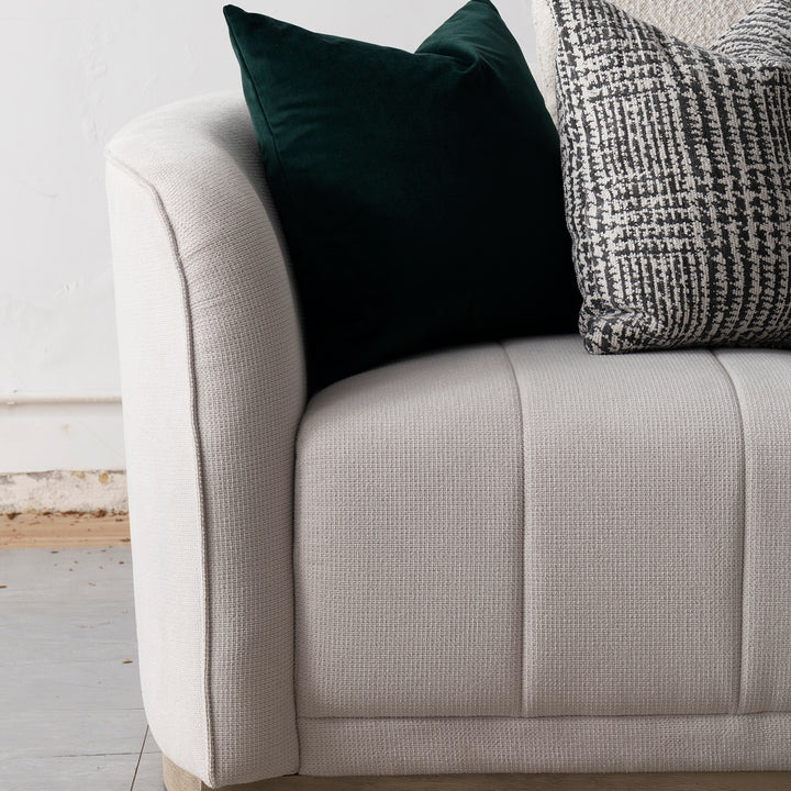 Japandi cotton fabric 3 seater sofa panna in real life style.