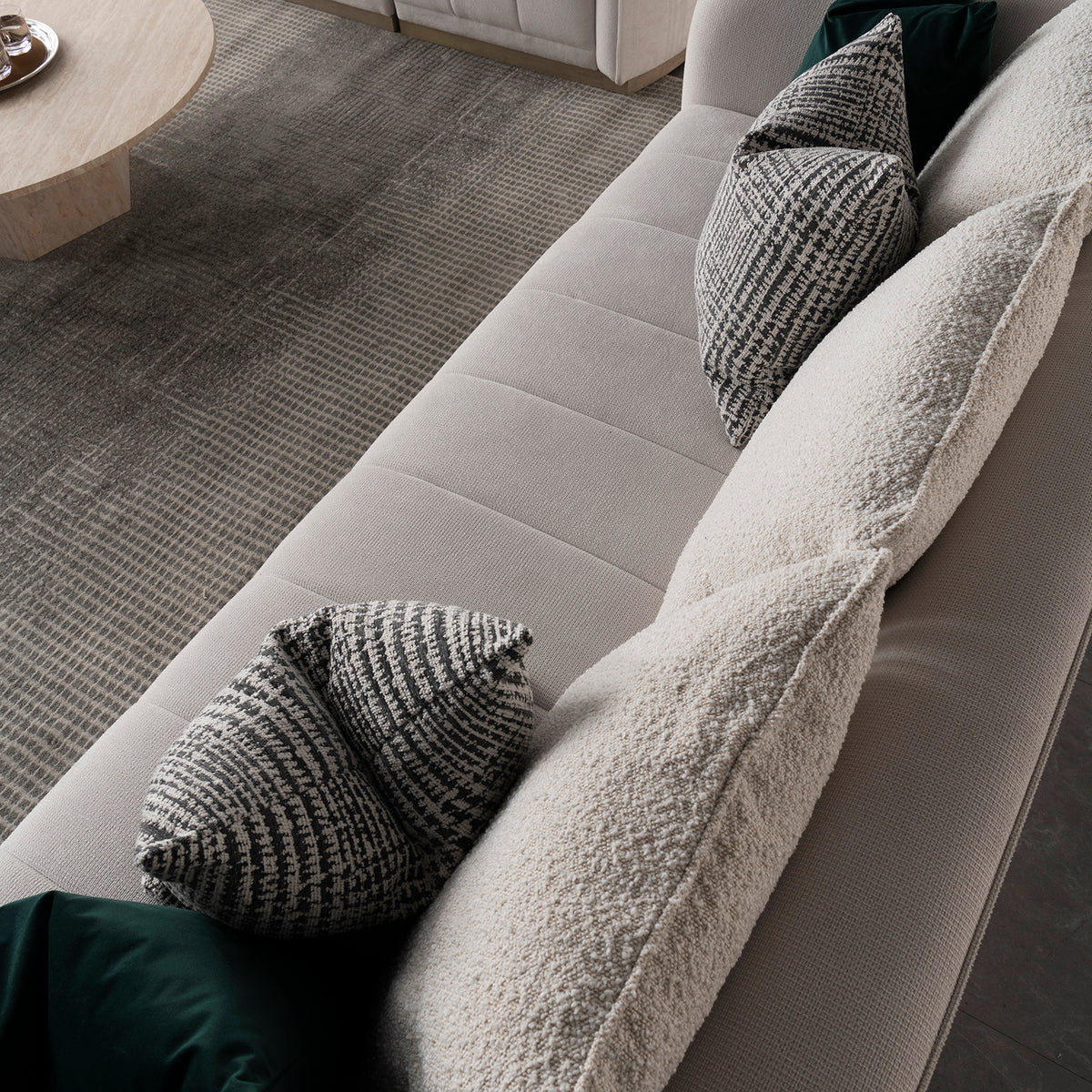 Japandi cotton fabric 3 seater sofa panna in details.