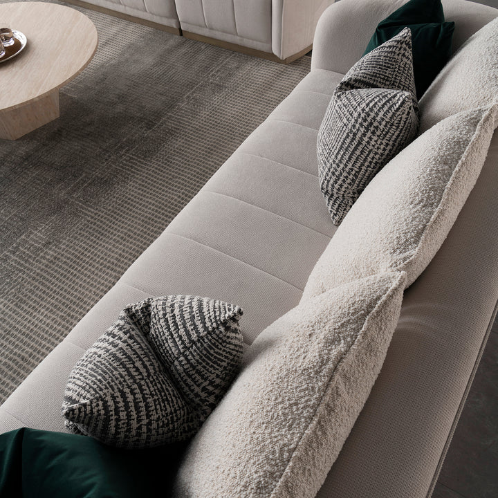 Japandi cotton fabric sectional 4 seater sofa panna in close up details.