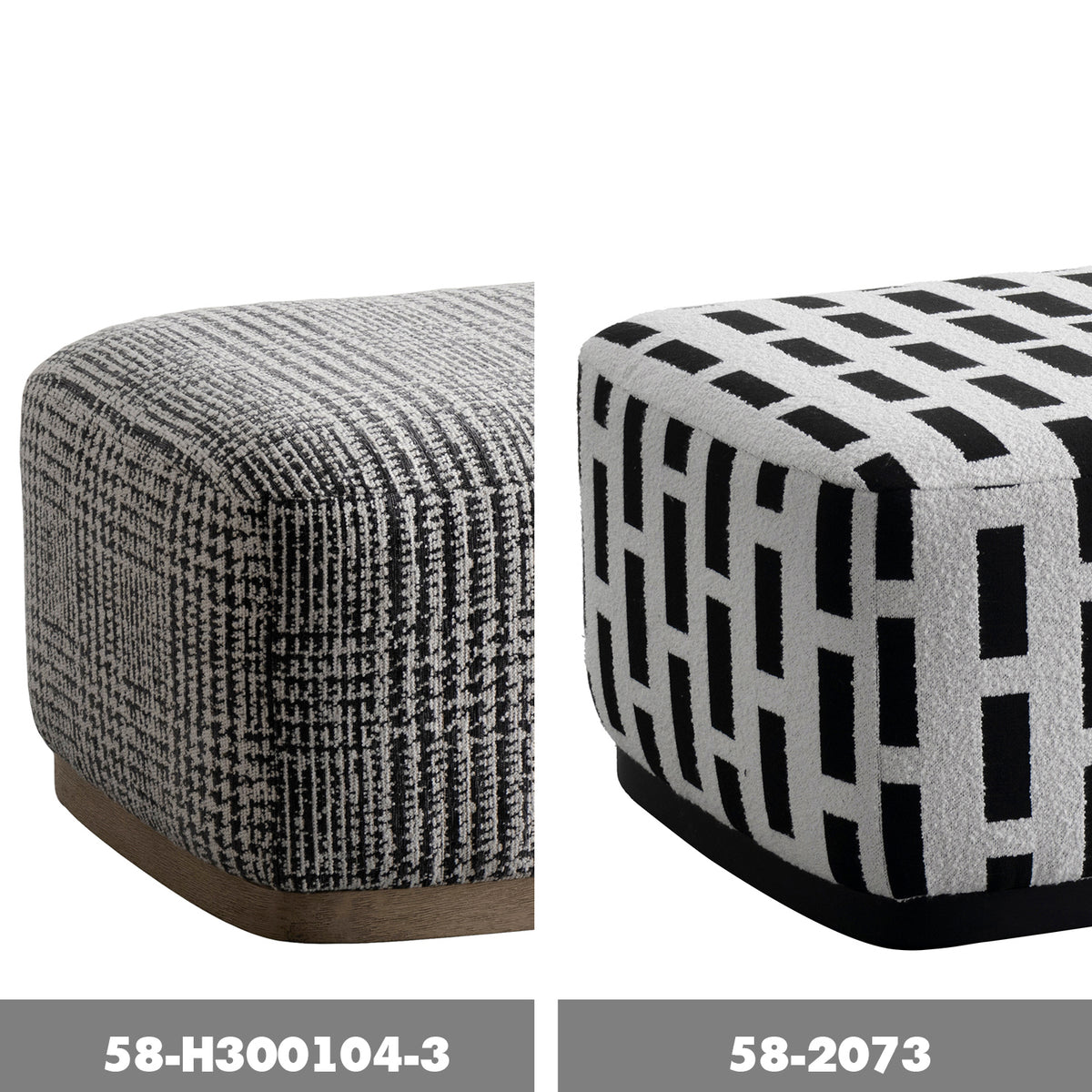 Japandi mixed weave fabric ottoman panna material variants.