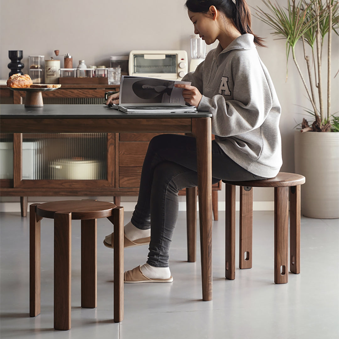 Japandi rubber wood stackable stool with wheels friday in details.