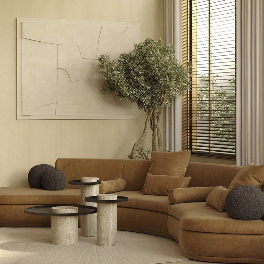 Japandi travertine stone metal side table orbix primary product view.