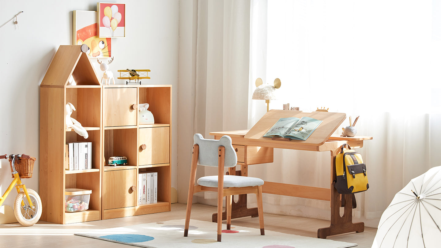 Bright and cozy study corner with a wooden kids' desk, adjustable chair, and open bookshelf in a sunlit room, ideal for learning and reading.