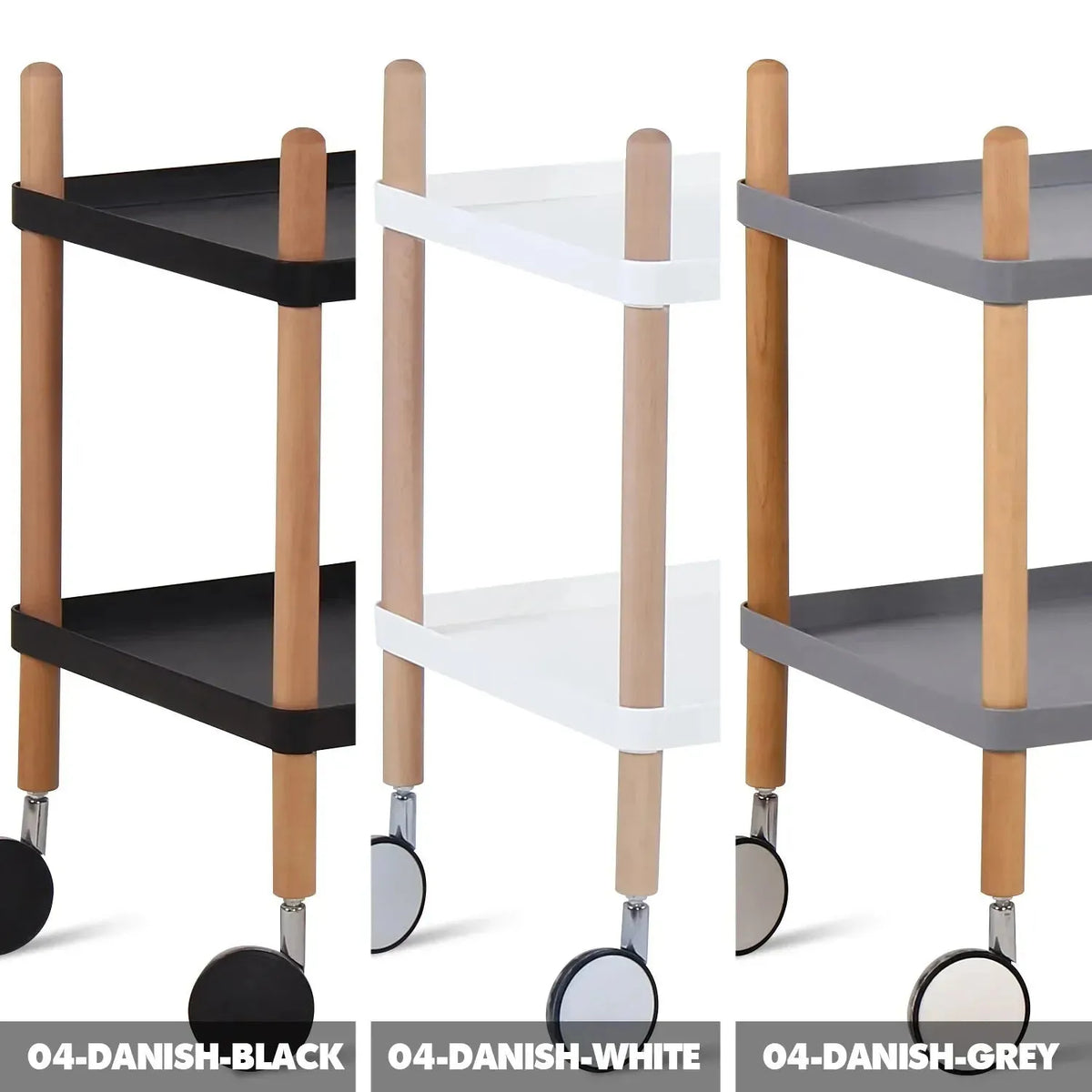 Modern plastic wheeled trolley side table danish 2 color swatches.