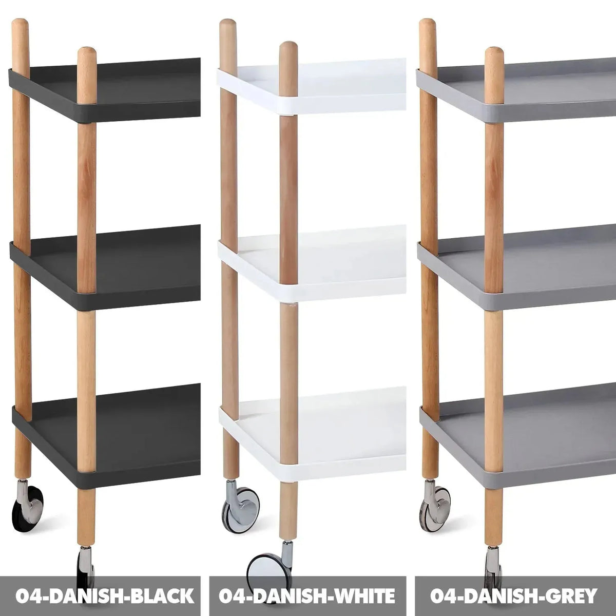 Modern plastic wheeled trolley side table danish 3 color swatches.