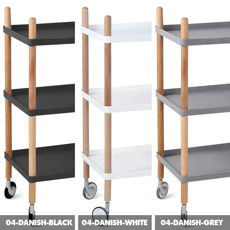 Modern plastic wheeled trolley side table danish 3 color swatches.