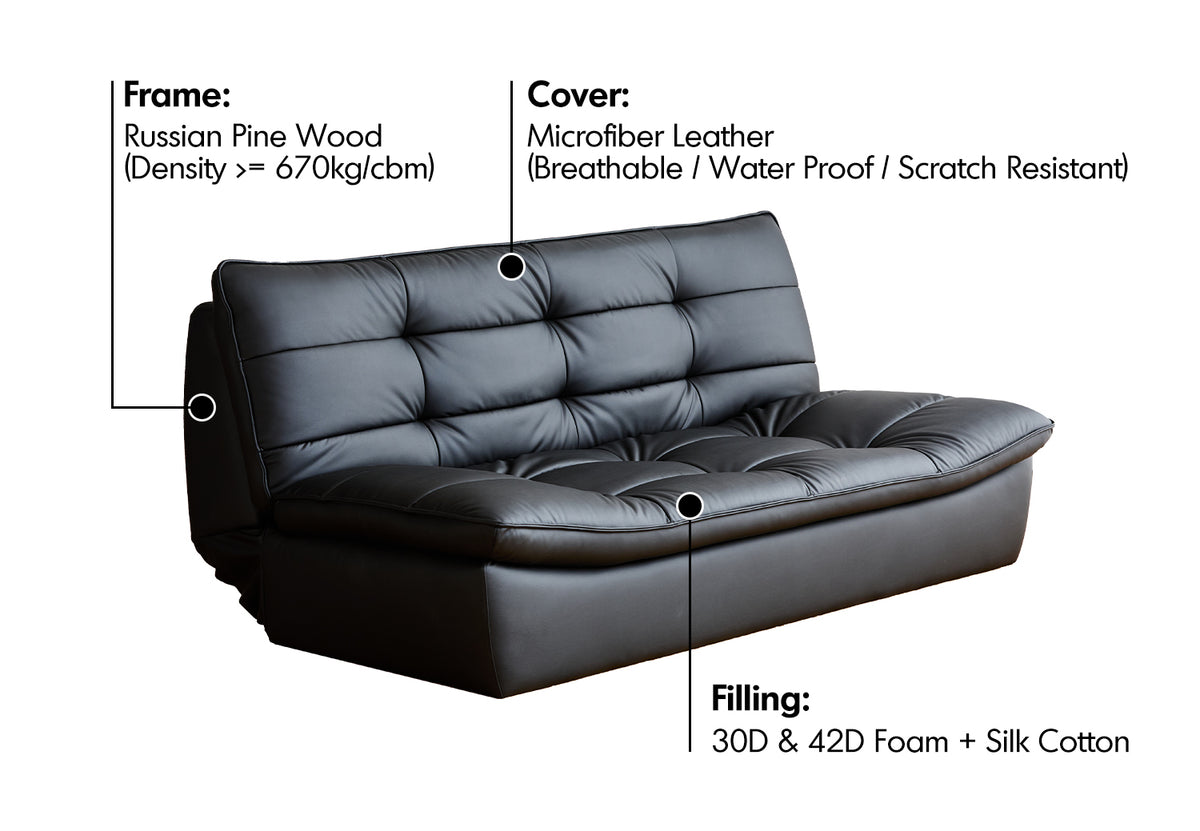 Bauhaus Microfiber Leather 3 Seater Sofa Bed LIE FLAT Material Details Chart