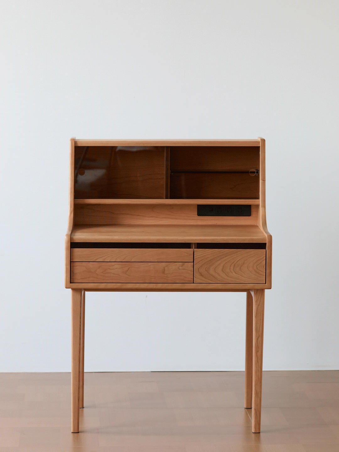 Scandinavian cherry wood dressing table floating vanity color swatches.