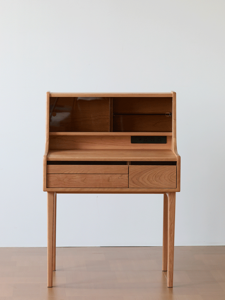 Scandinavian cherry wood dressing table floating vanity color swatches.