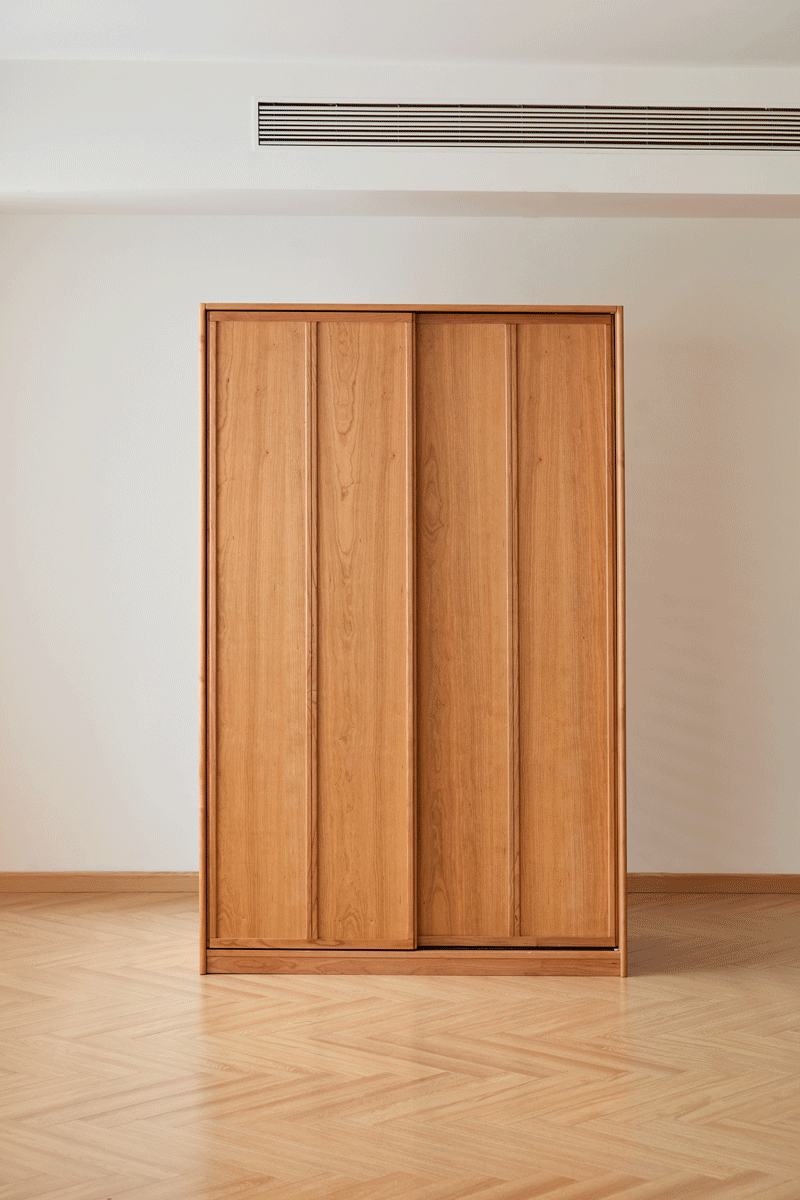 Scandinavian cherry wood sliding door wardrobe kangaroo color swatches.
