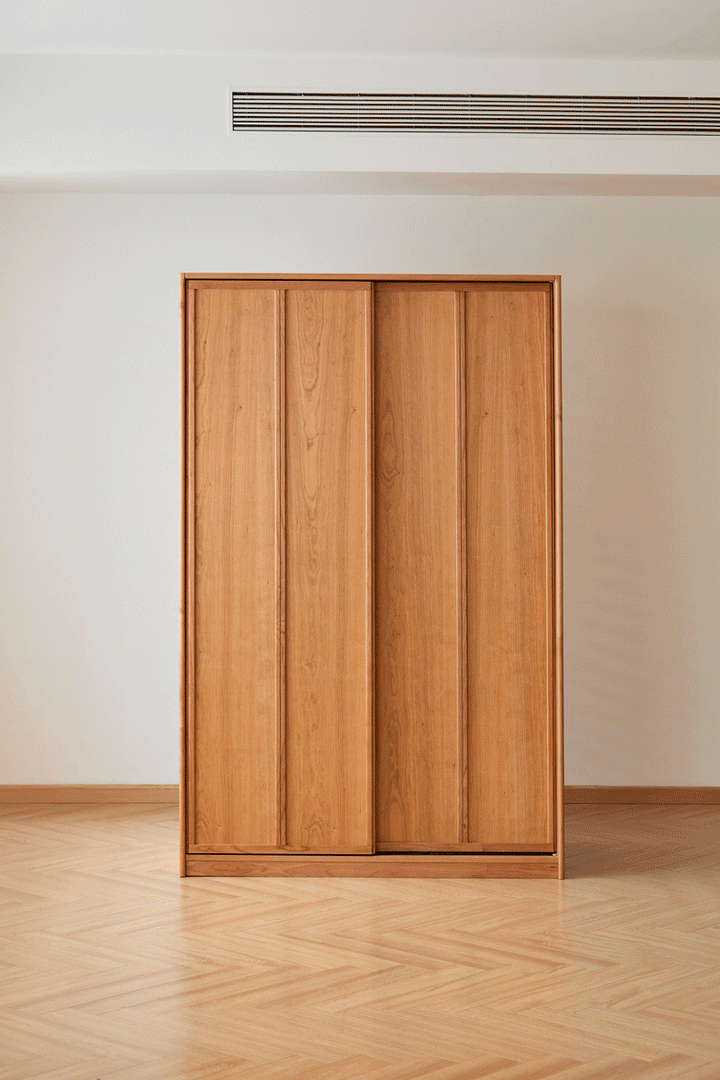 Scandinavian cherry wood sliding door wardrobe kangaroo color swatches.
