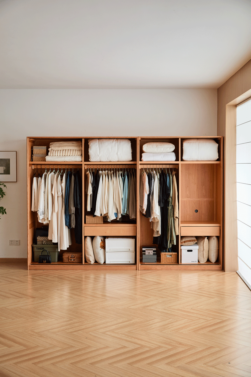 Scandinavian cherry wood sliding door wardrobe kangaroo material variants.