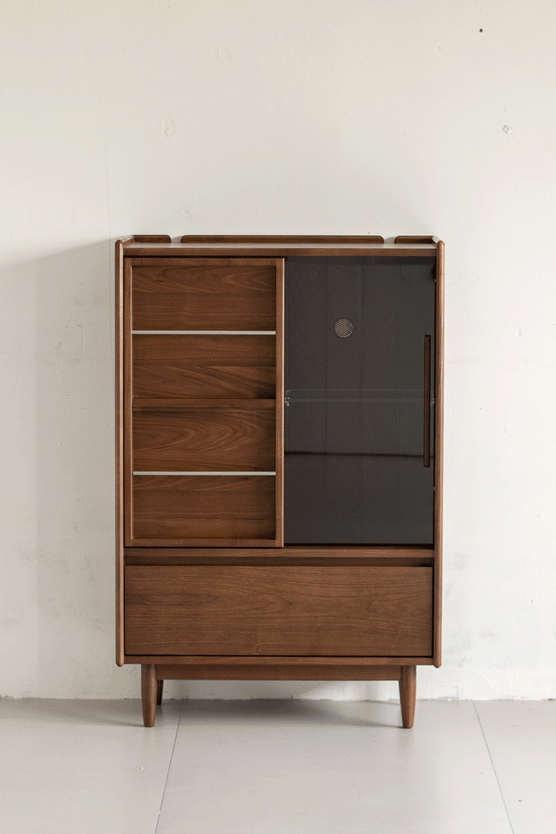 Vintage walnut wood side cabinet vista in real life style.