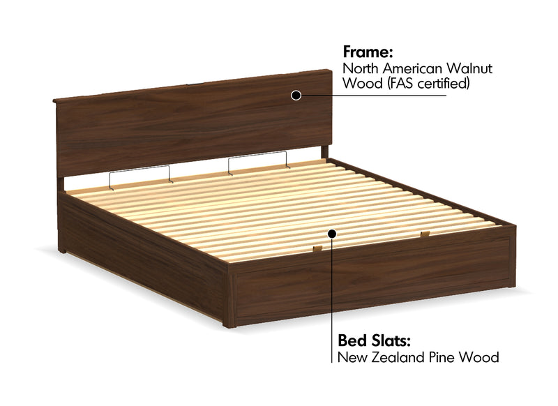 Japandi Walnut Wood Lift-Up Storage Bed With Drawer KANGAROO Material Details Chart
