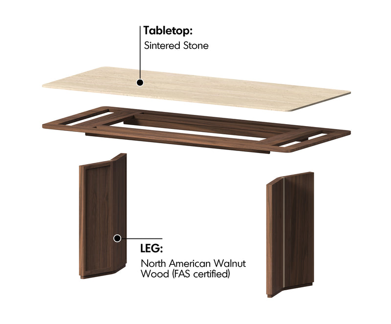 Japandi Walnut Wood Sintered Stone Dining Table STRATON Material Details Chart