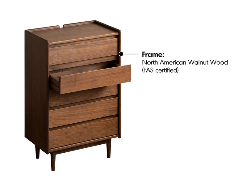 Vintage Walnut Wood Chest Of 5 Drawers VISTA Material Details Chart