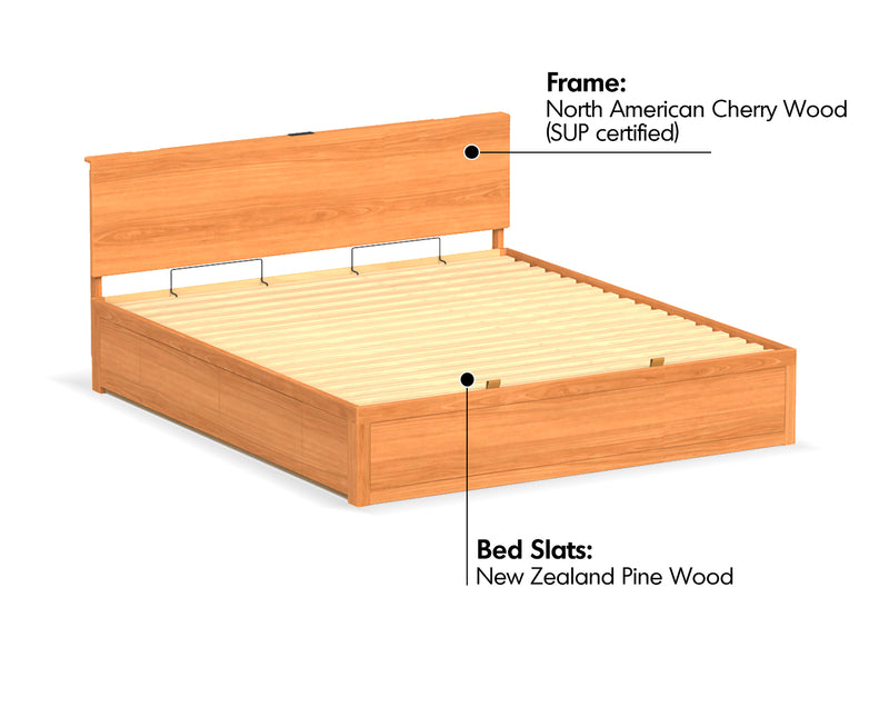 Scandinavian Cherry Wood Lift-Up Storage Bed With Drawer KANGAROO Material Details Chart