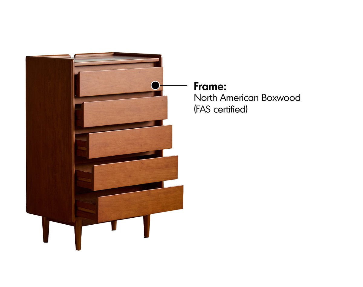 Bauhaus Boxwood Chest Of 5 Drawers VISTA Material Details Chart