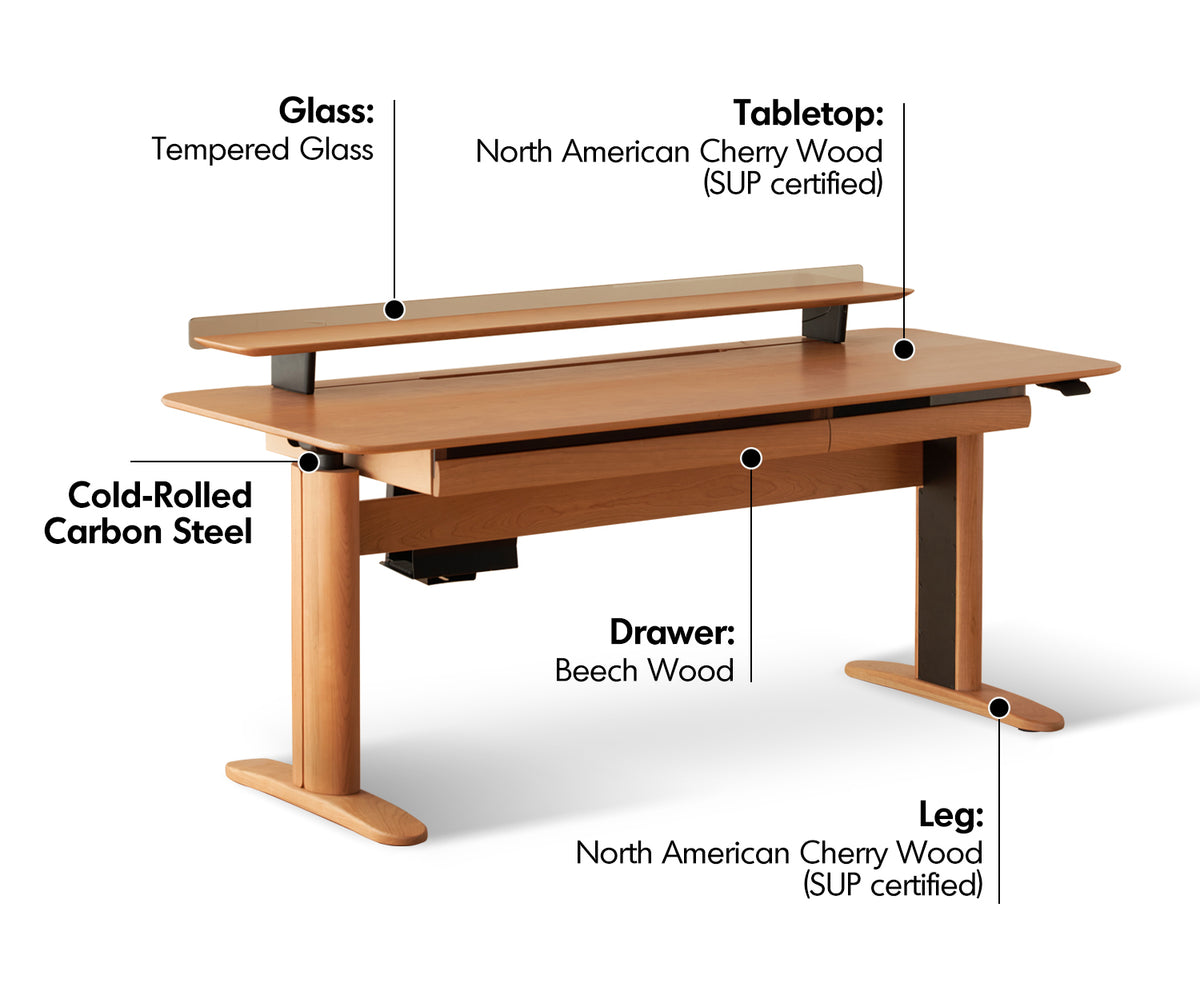 Scandinavian Cherry Wood Electric Height Adjustable Study Table UP Material Details Chart