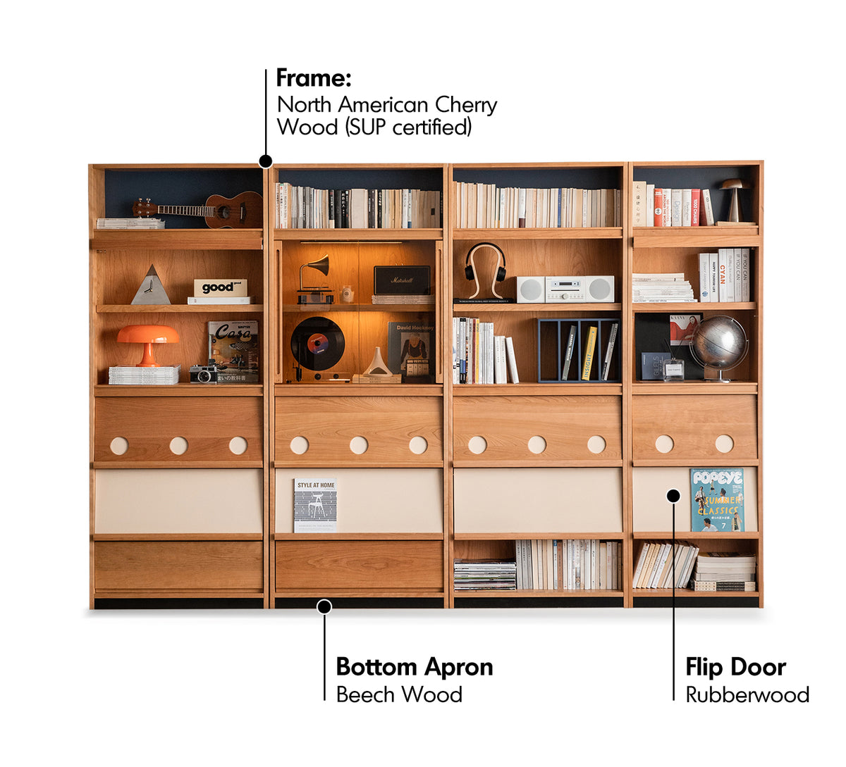 Scandinavian Cherry Wood Bookshelf TIMELESS Material Details Chart