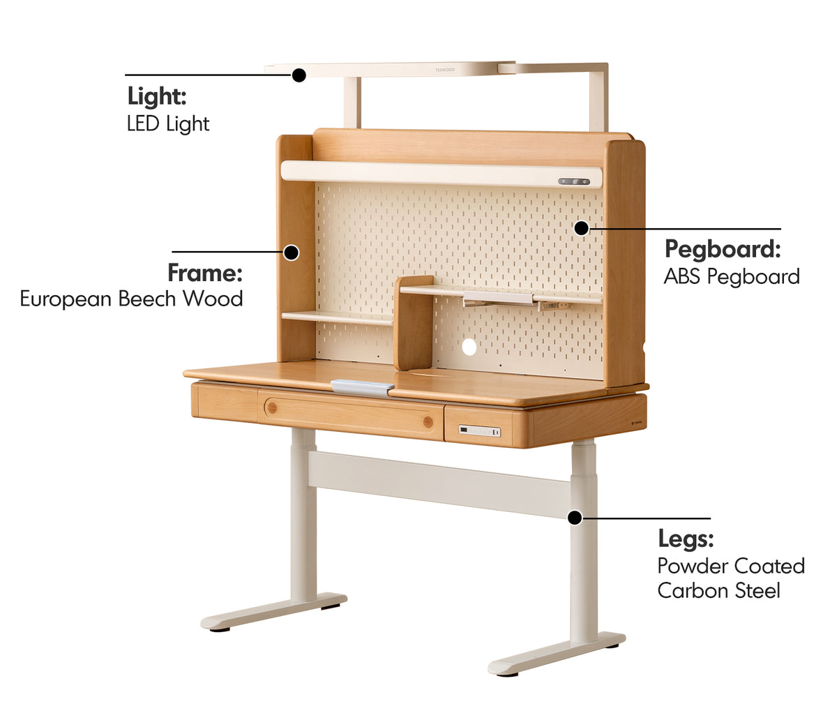 Scandinavian Beech Wood Electric Height Adjustable Kids Study Table With Intergrated LED Light ORBITA Material Details Chart