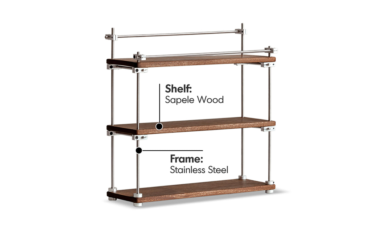 Bauhaus Sapele Wood Stainless Steel Shelf PACKER Material Details Chart