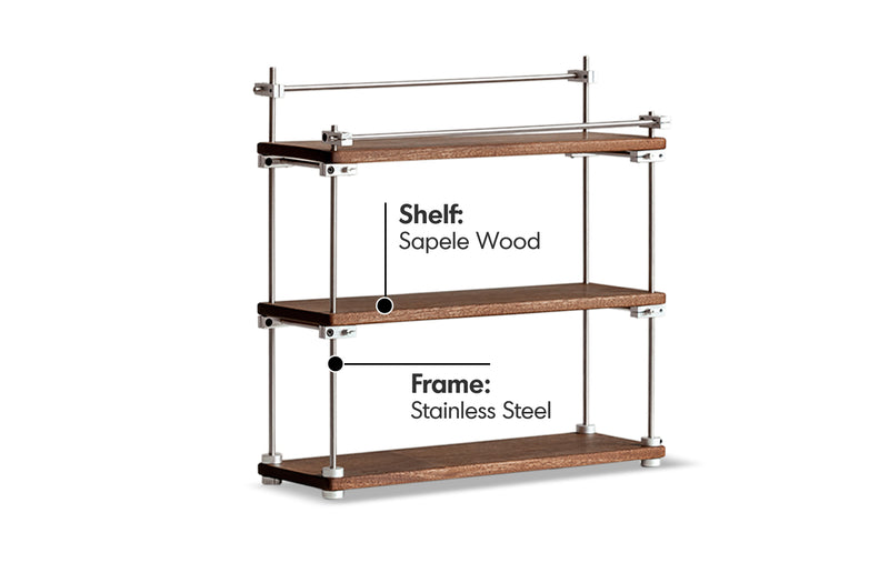 Bauhaus Sapele Wood Stainless Steel Shelf PACKER Material Details Chart