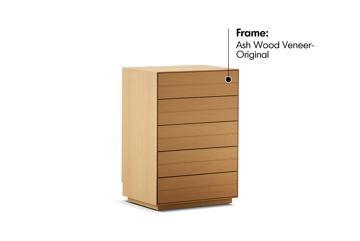 Minimalist Ash Wood Veneer Chest Of 5 Drawers MOI Material Details Chart