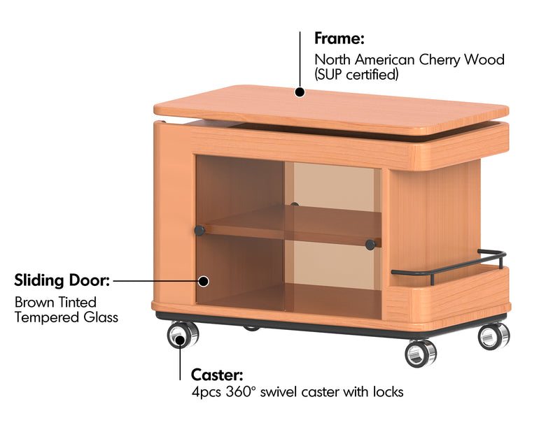Scandinavian Cherry Wood Wheeled Trolley Side Table DRIFT Material Details Chart