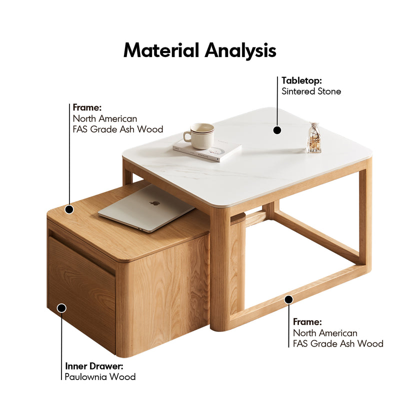 Scandinavian Ash Wood Sintered Stone Coffee Table Set HAVEN Material Details Chart