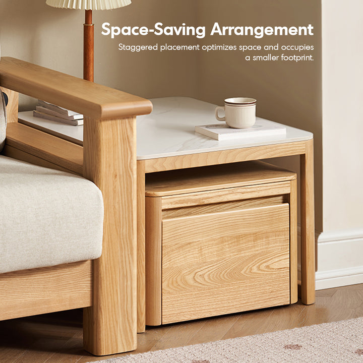 Minimalist ash wood sintered stone coffee table set haven in close up details.