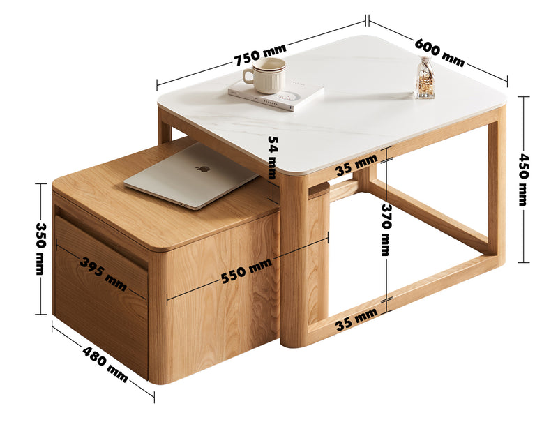 Scandinavian Ash Wood Sintered Stone Coffee Table Set HAVEN Size Chart