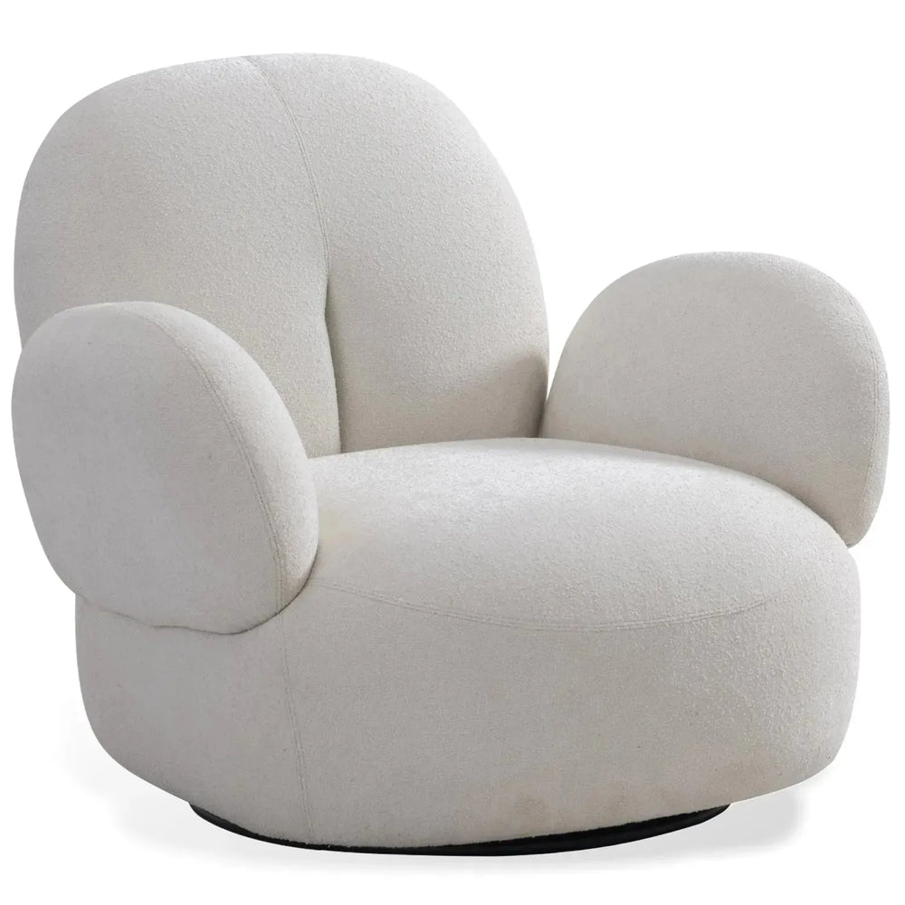 Minimalist boucle fabric revolving 1 seater sofa boucle in white background.