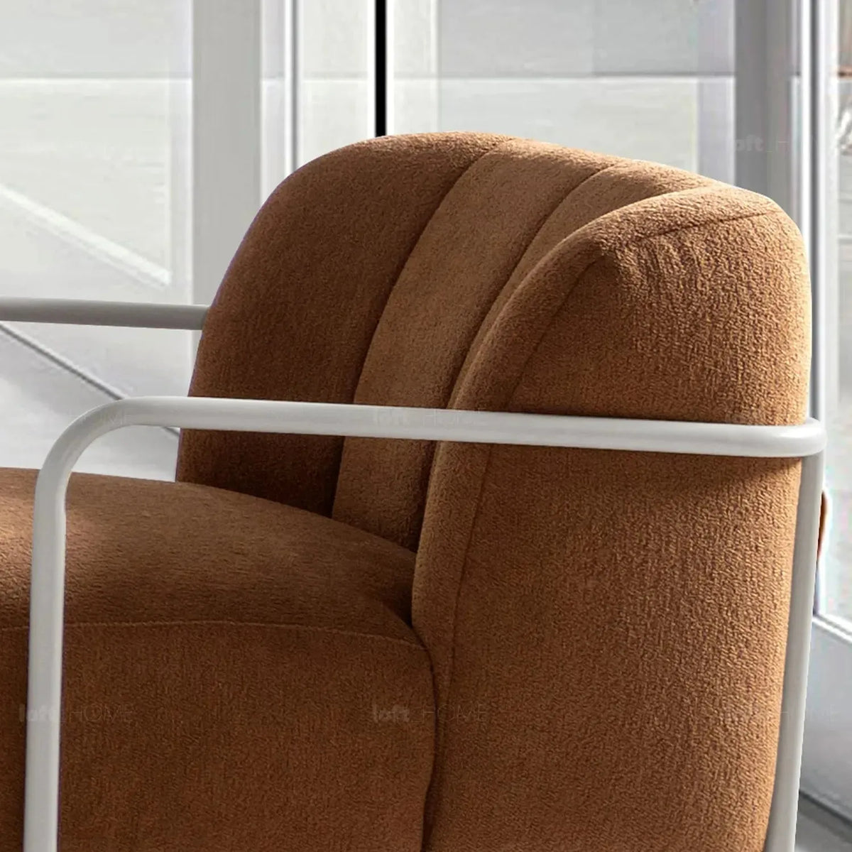 Modern sherpa fabric 1 seater sofa cloister in close up details.