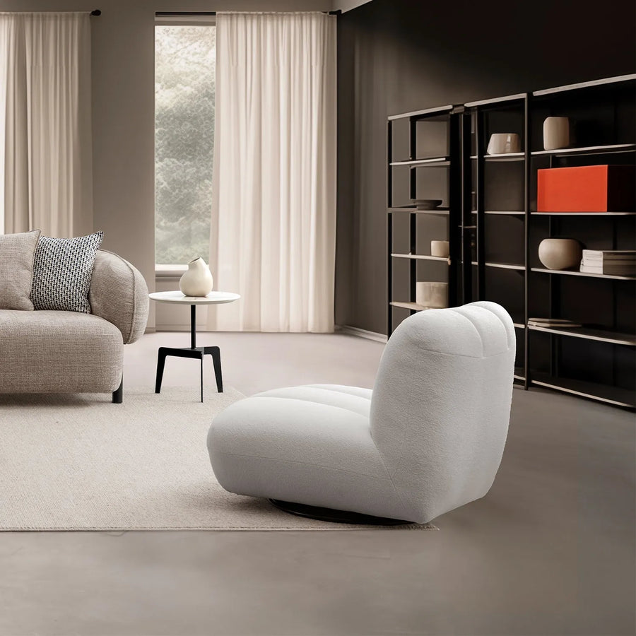 Minimalist sherpa fabric revolving 1 seater sofa limestone primary product view.