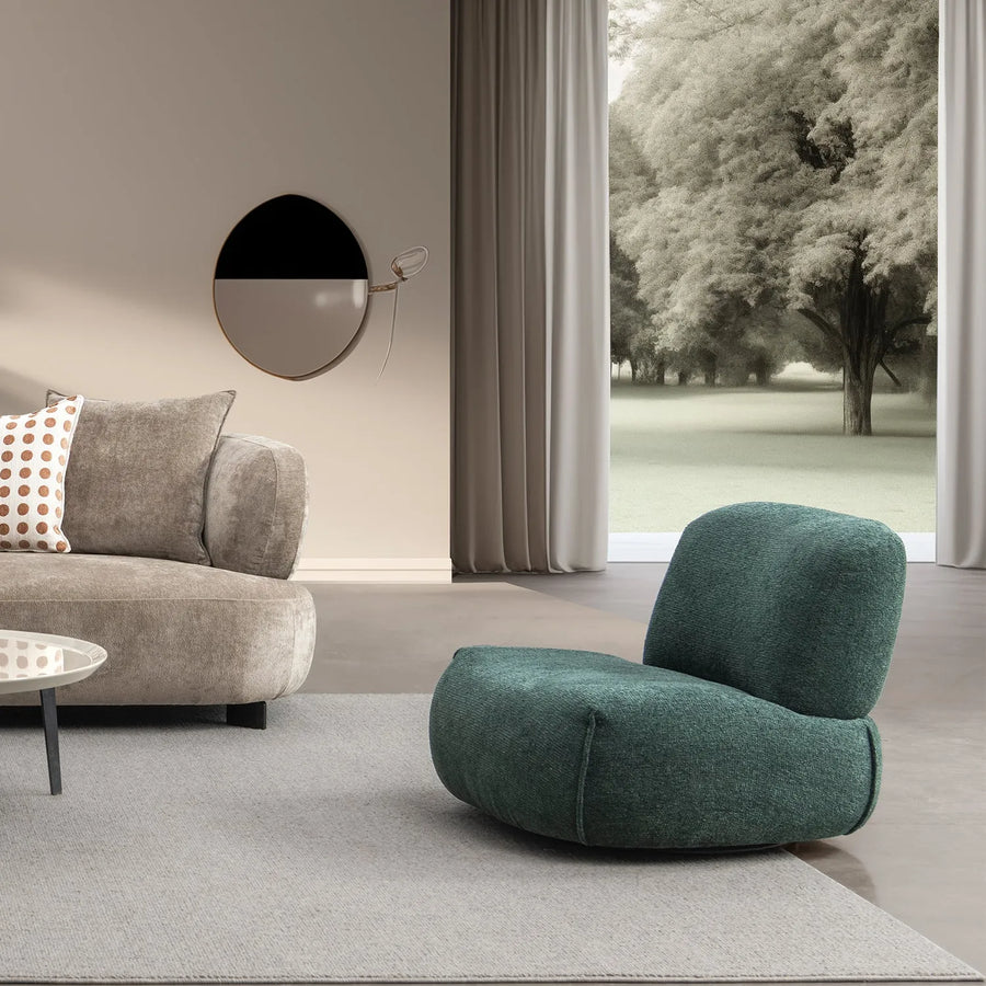 Minimalist mixed weave fabric revolving 1 seater sofa moss primary product view.